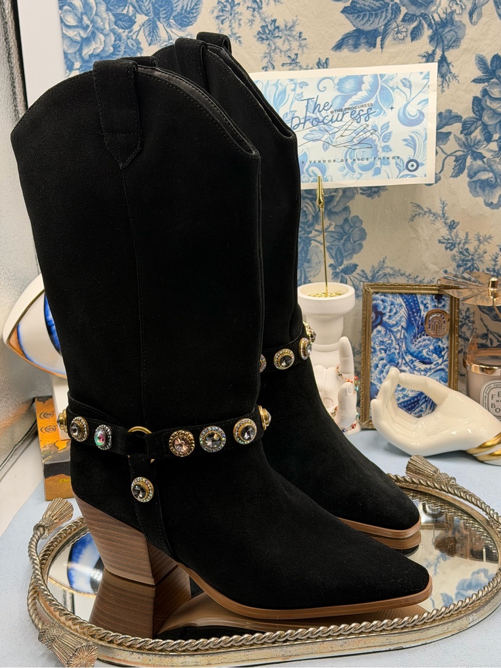 🆕 KURT GEIGER LONDON 🧿 NWOB Octavia Crystal Cowboy Boots, Black Suede - Sz 7